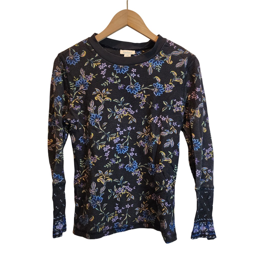 Sundance Waffle Knit Top Women PM Navy/Black Floral Long Sleeve Thermal Buttons